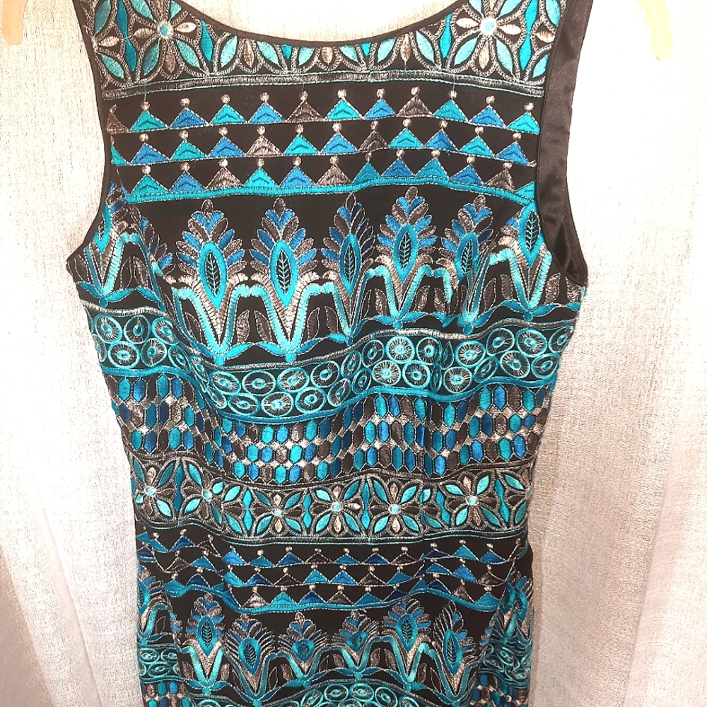 Vintage Wht House Blk Market  Metallic Turquoise, Black, and Gold Dress size 2